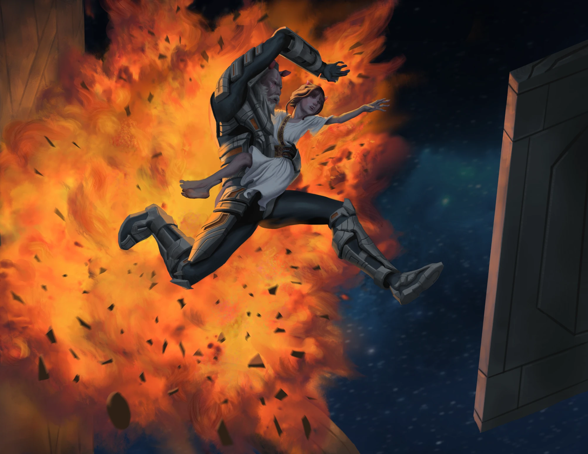 Act 0 album art: an armoured Houndaran leaps from an explosion into space, carrying a child